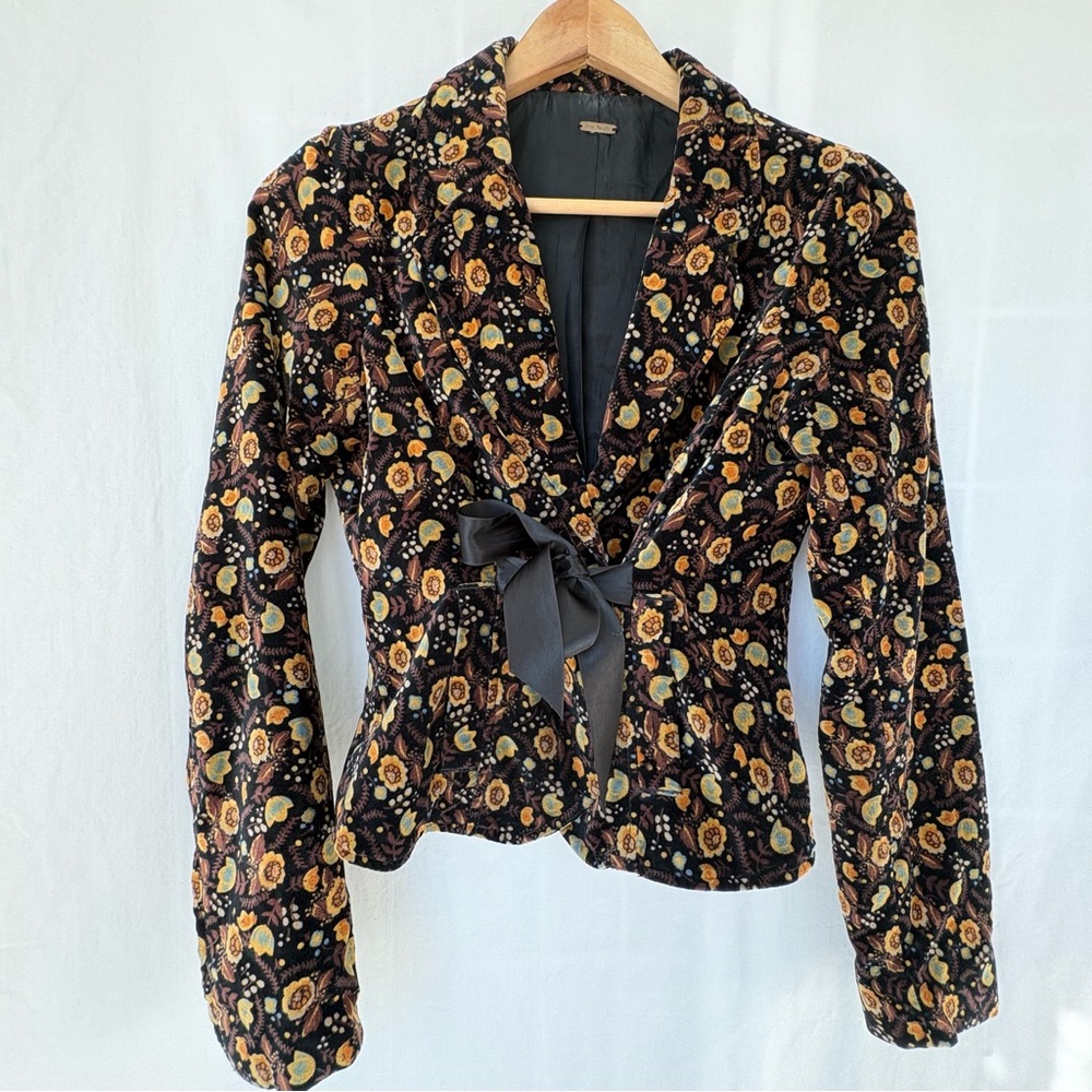 Free People Nicolette Velvet Floral Blazer with Bow black gold